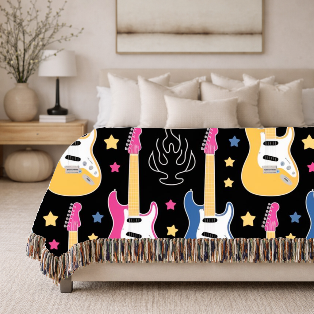 Rock Flame Throw — 1980s Guitar Fire Woven Blanket