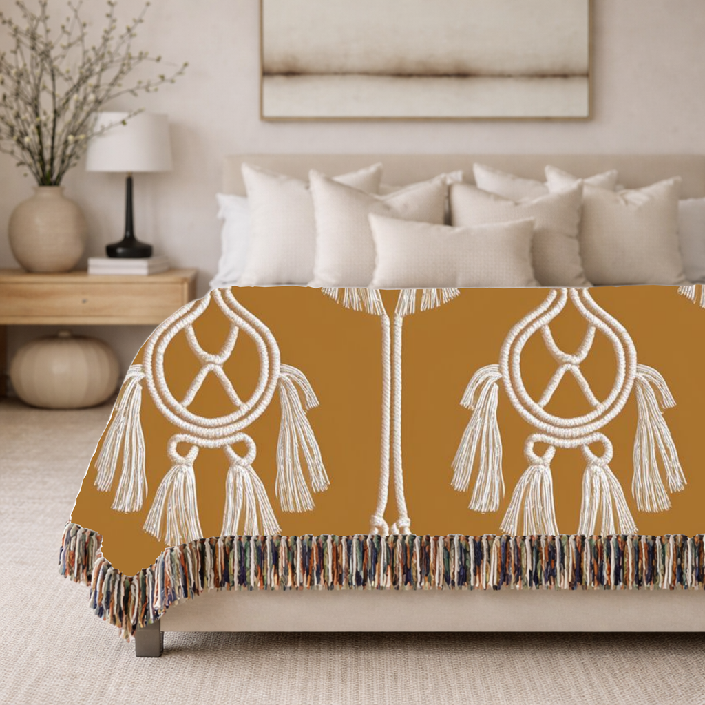 Macramé Tassel Throw — 1970s Bohemian Circle Woven Blanket