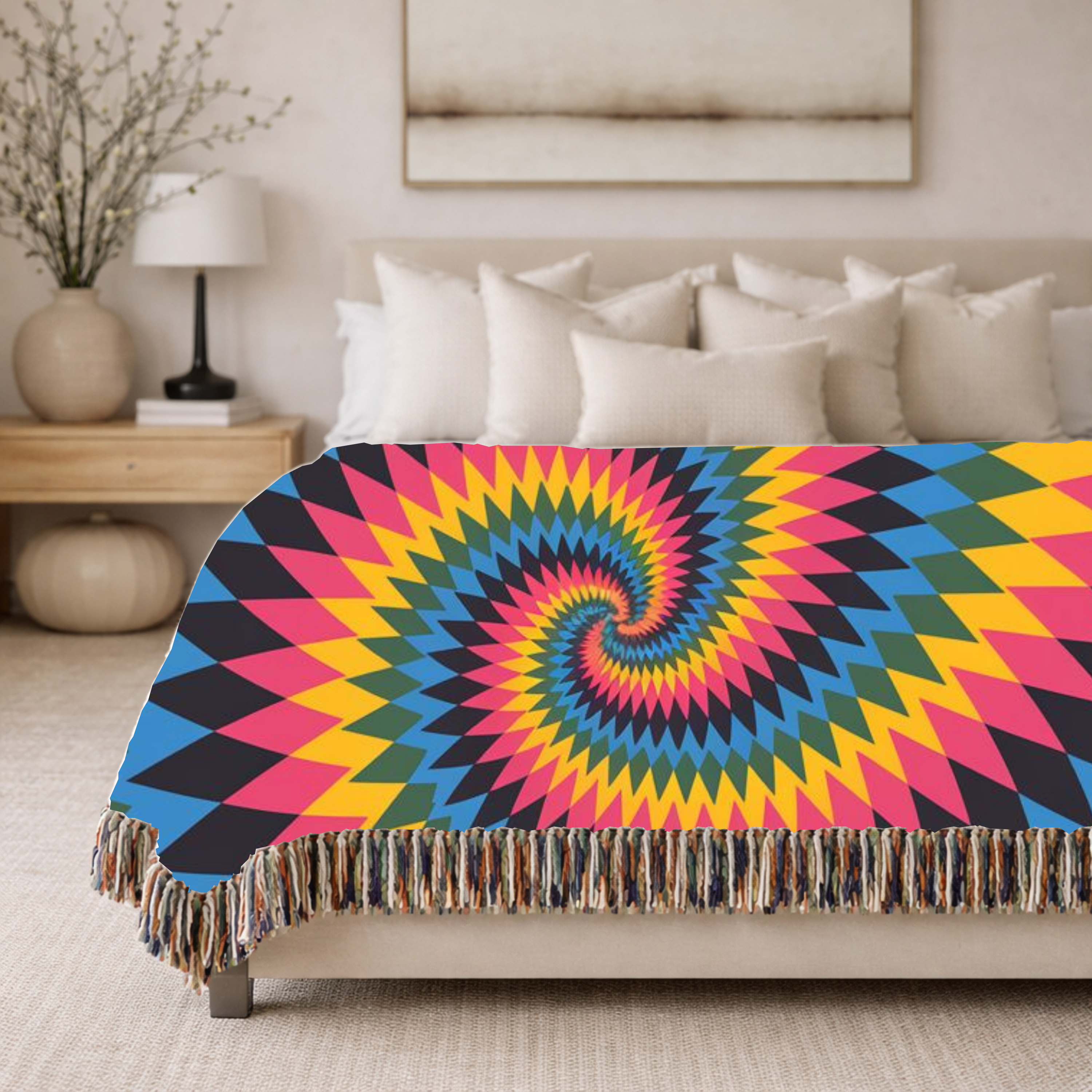 Spectrum Throw — 1990s Rainbow Spiral Woven Blanket