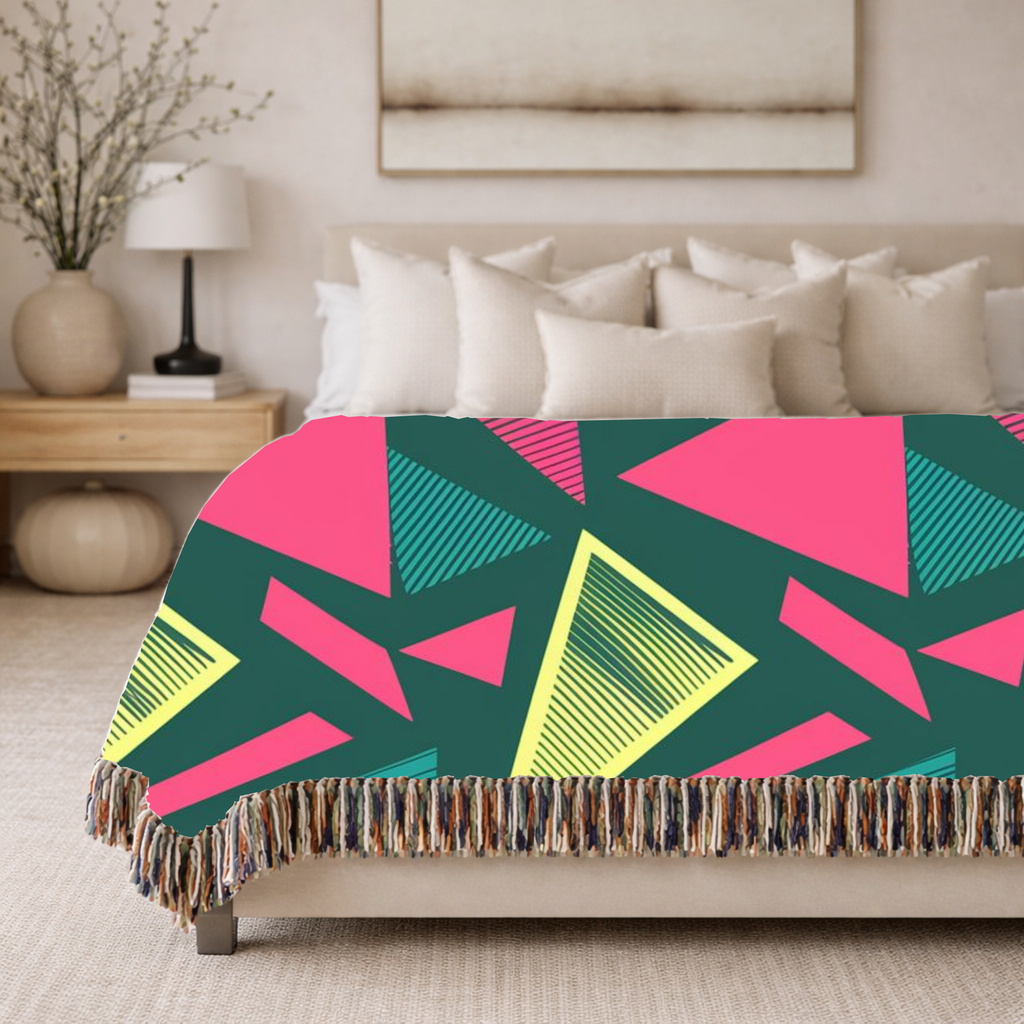 Neon Triangle Throw — 1980s Memphis Geometric Woven Blanket