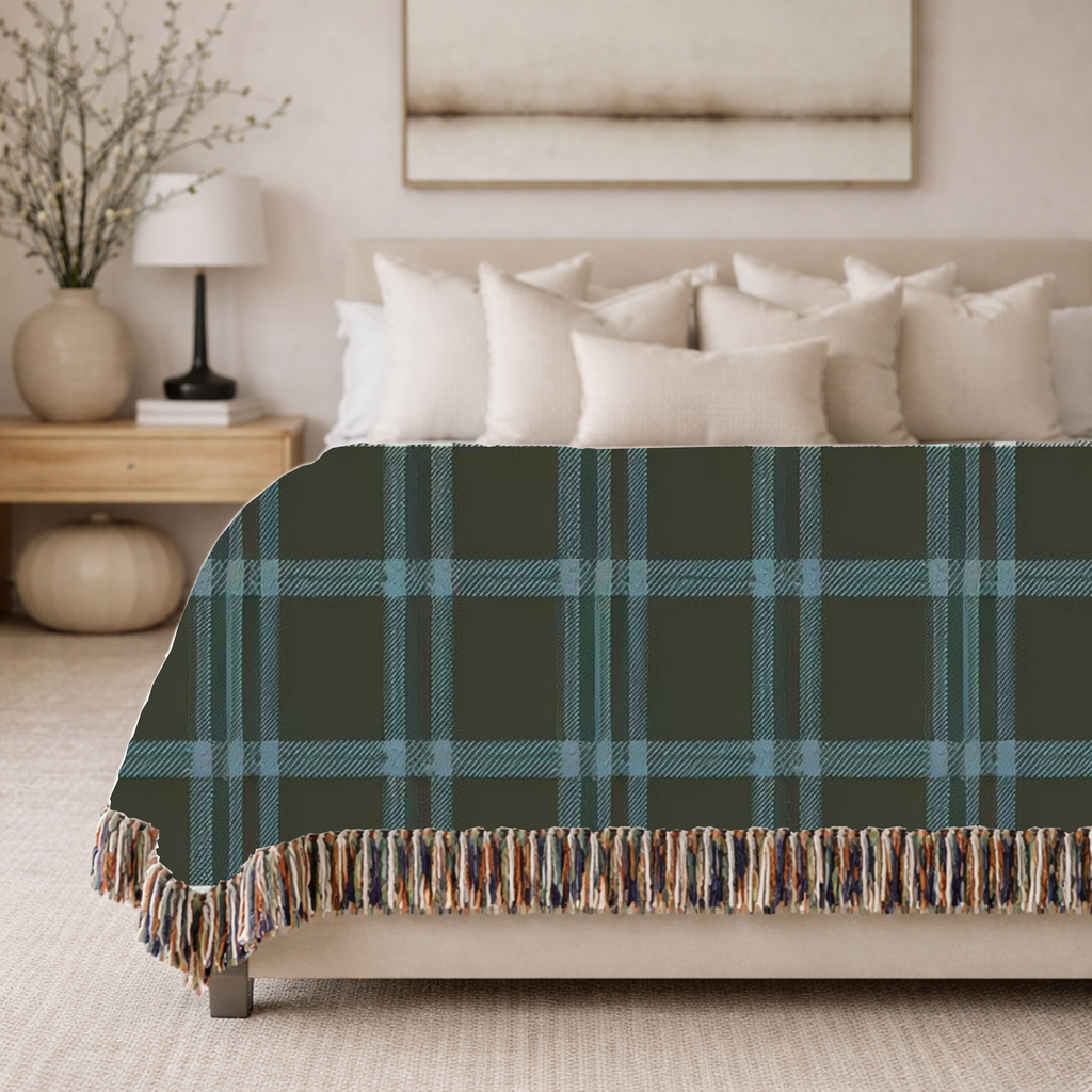 Electric Tartan Throw — 1990s Teal & Red Plaid Woven Blanket