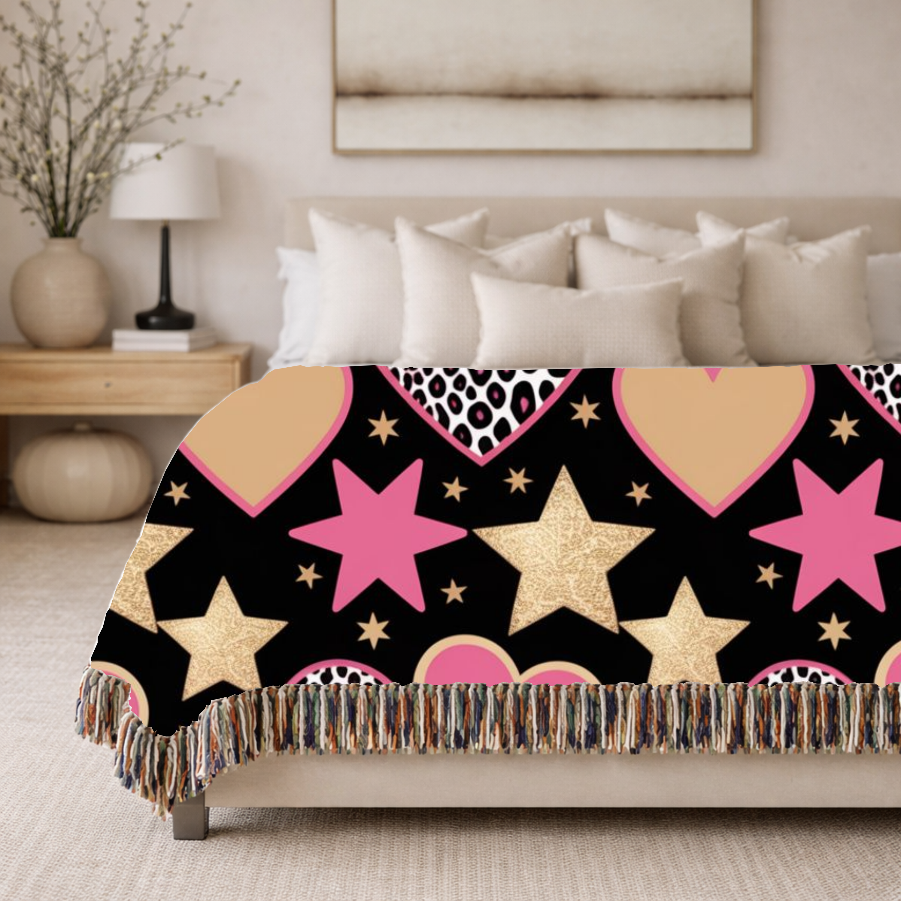 Girl Power Throw — 1990s Leopard Heart & Star Woven Blanket