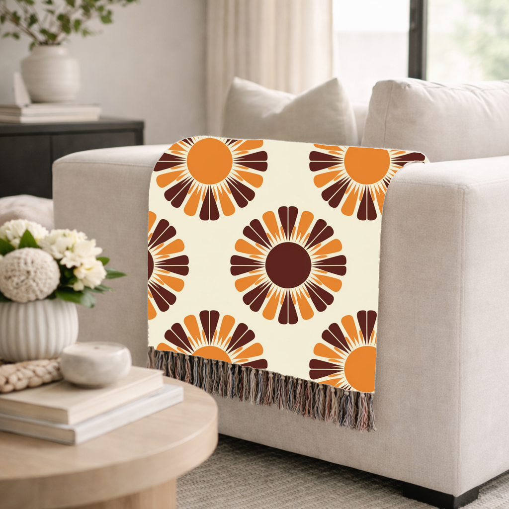 Harvest Sunflower Throw — 1970s Folk Sunflower Woven Blanket