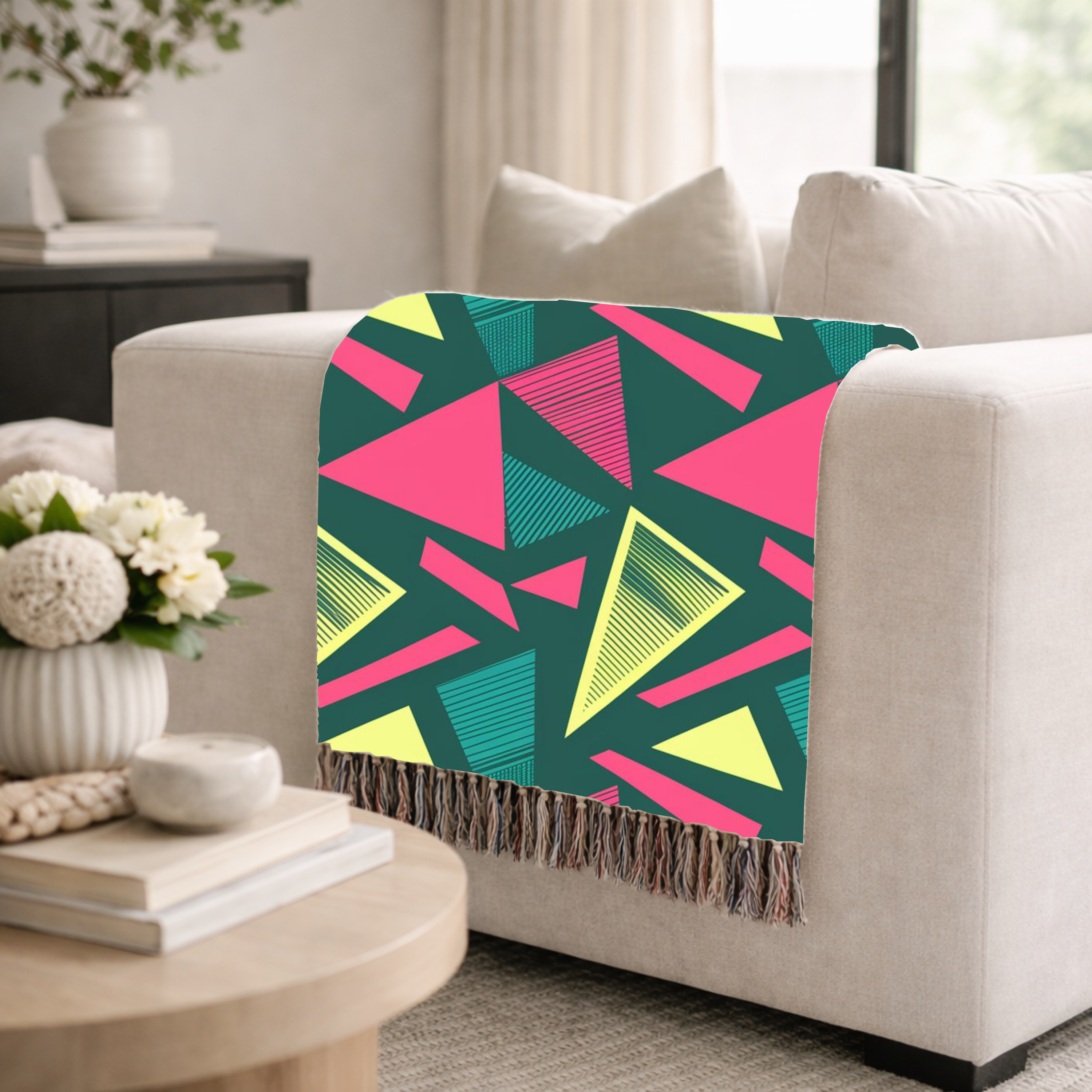 Neon Triangle Throw — 1980s Memphis Geometric Woven Blanket