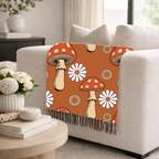 Groovy Mushroom Throw — 1970s Toadstool Daisy Woven Blanket