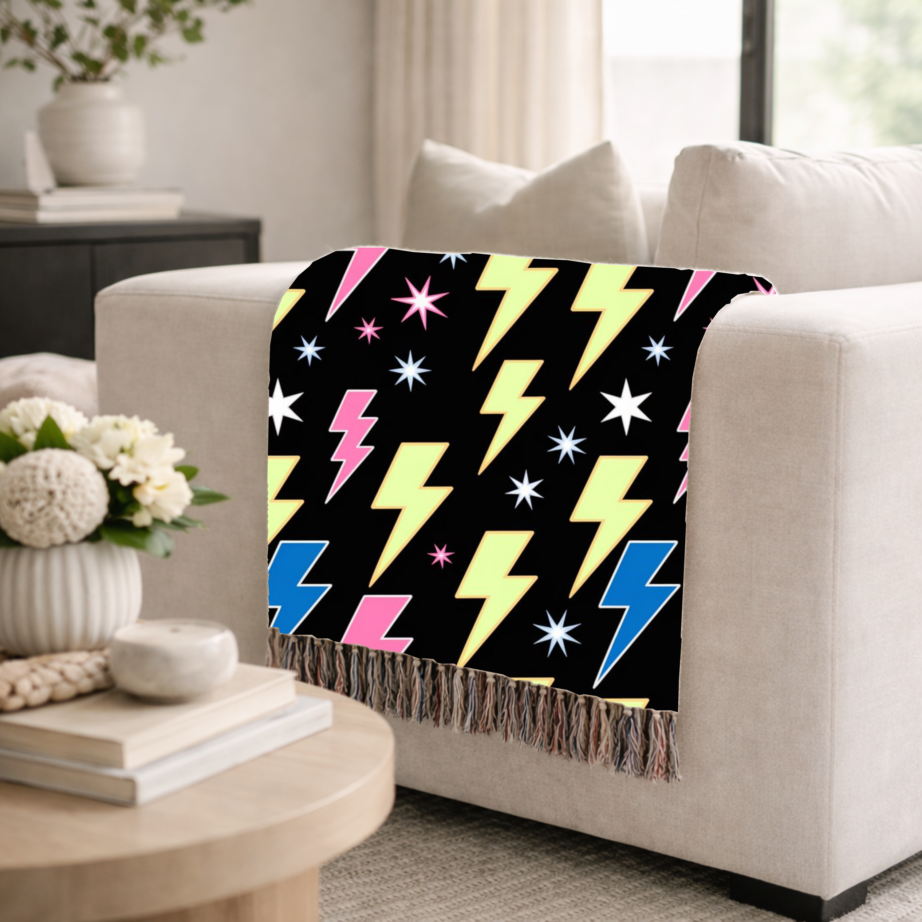 Lightning Strike Throw — 1980s Neon Bolt Woven Blanket