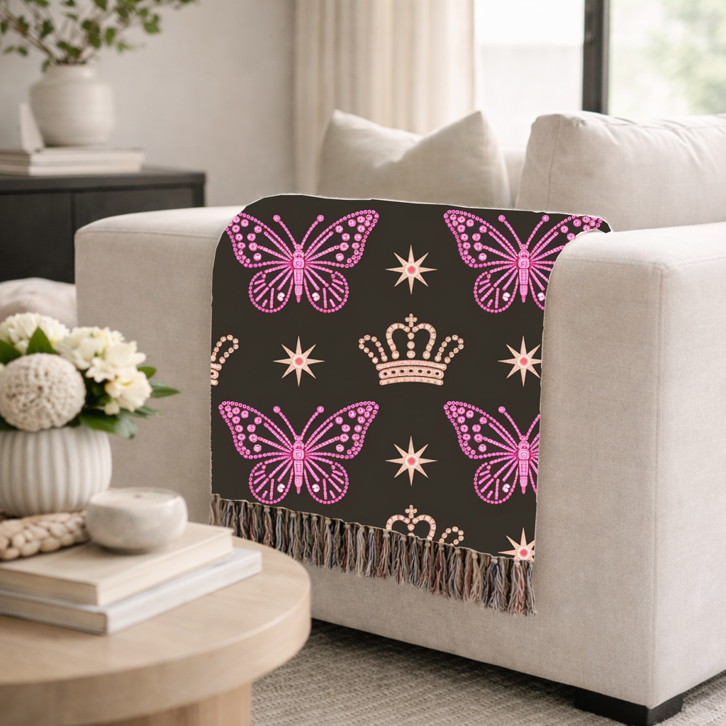 Crown & Wings Throw — 2000s Y2K Butterfly Crown Woven Blanket