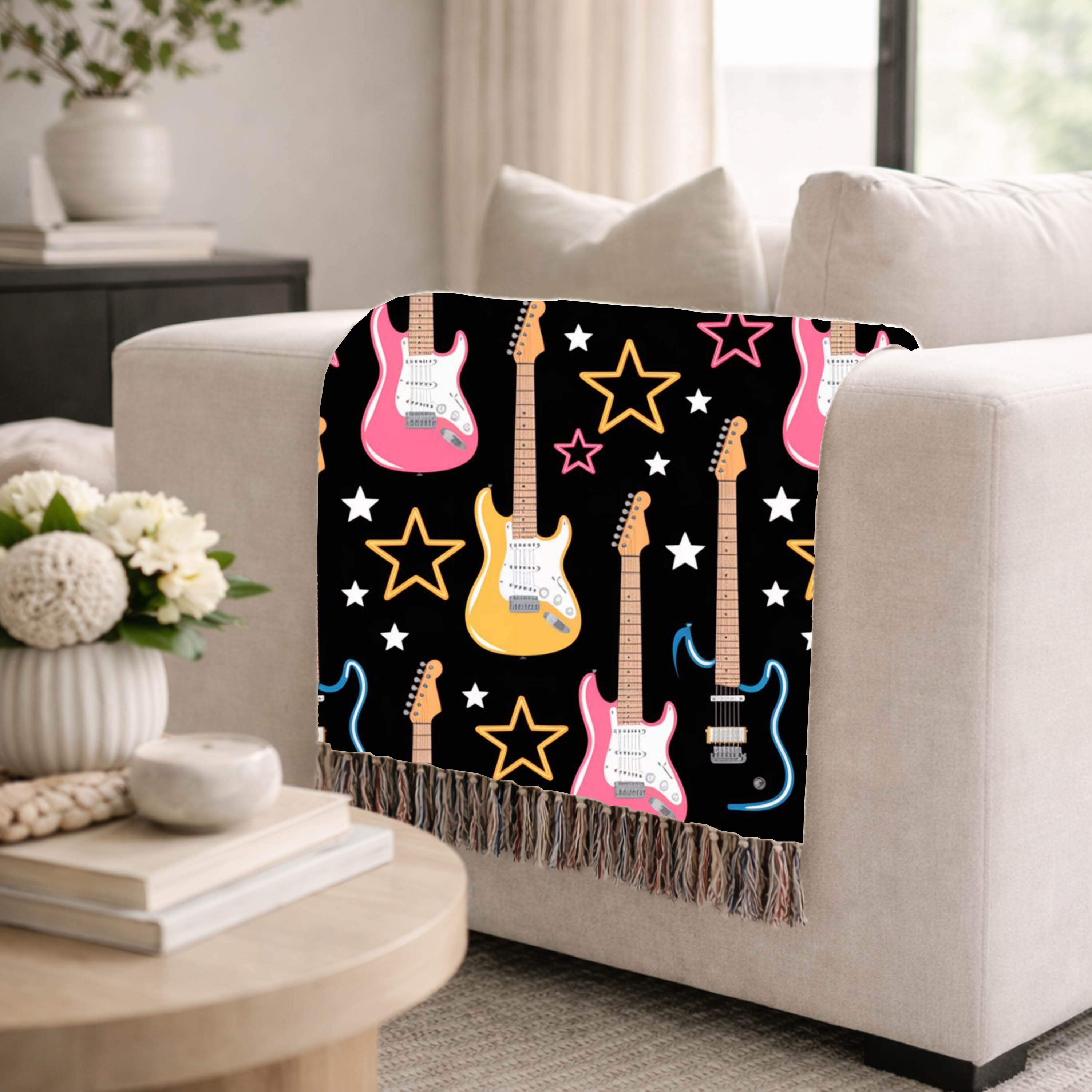 Woven Electric Guitar Throw Blanket | Pink Yellow Blue Black Stars, 1980s Rock Décor