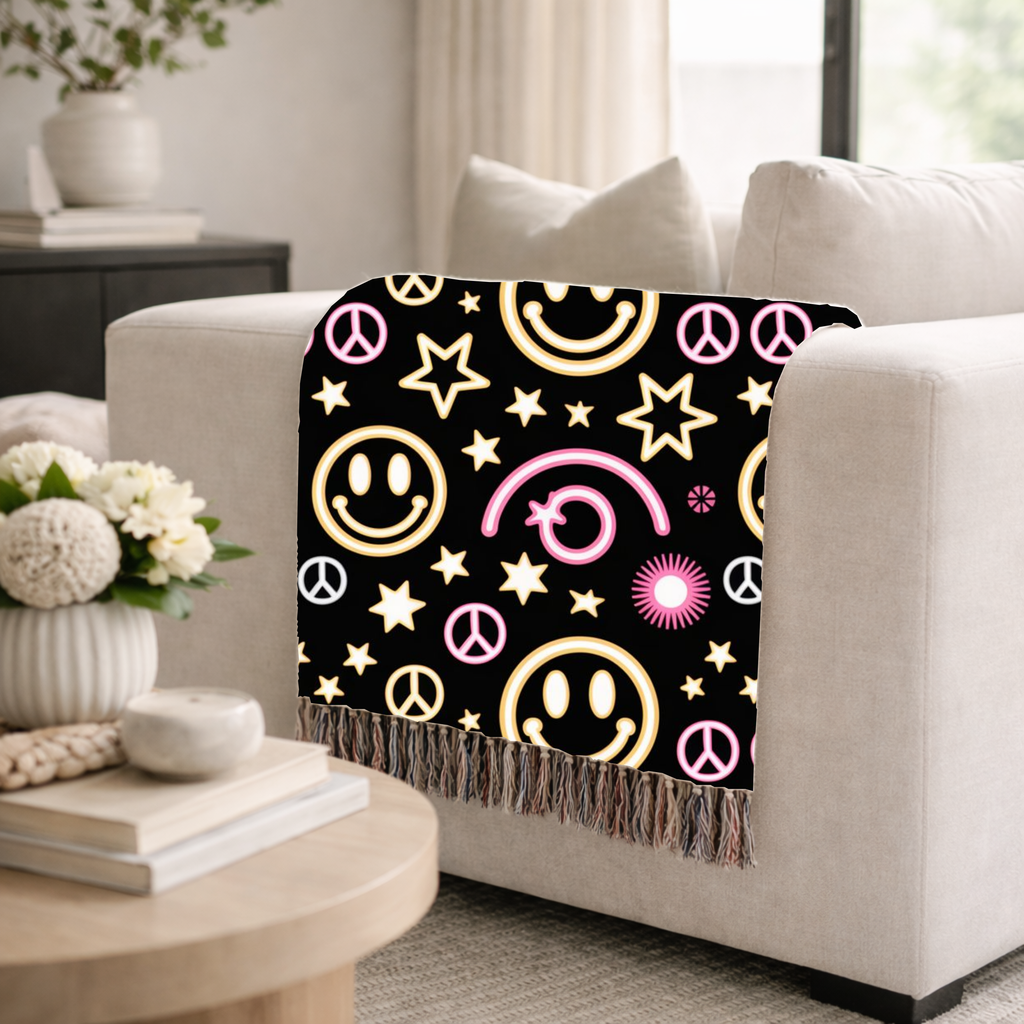 Happy Daze Throw — 1990s Smiley Face & Peace Woven Blanket