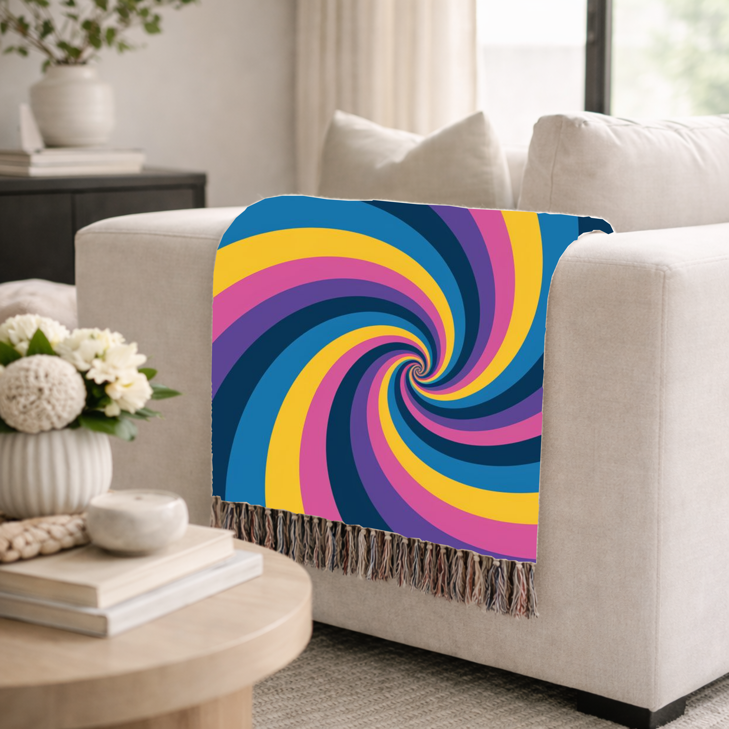 Hypnotic Throw — 1990s Psychedelic Swirl Woven Blanket