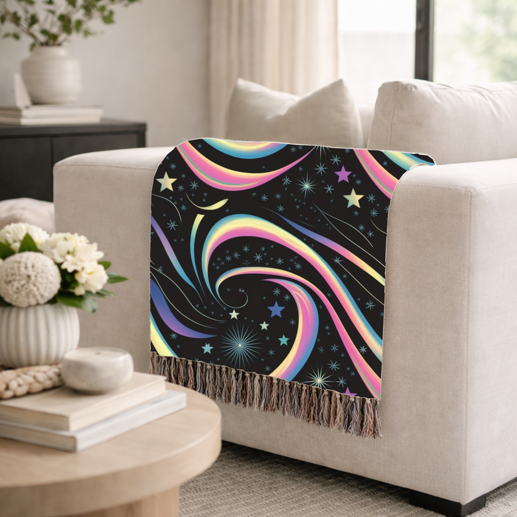 Stardust Throw — 2000s Y2K Rainbow Star Swirl Woven Blanket