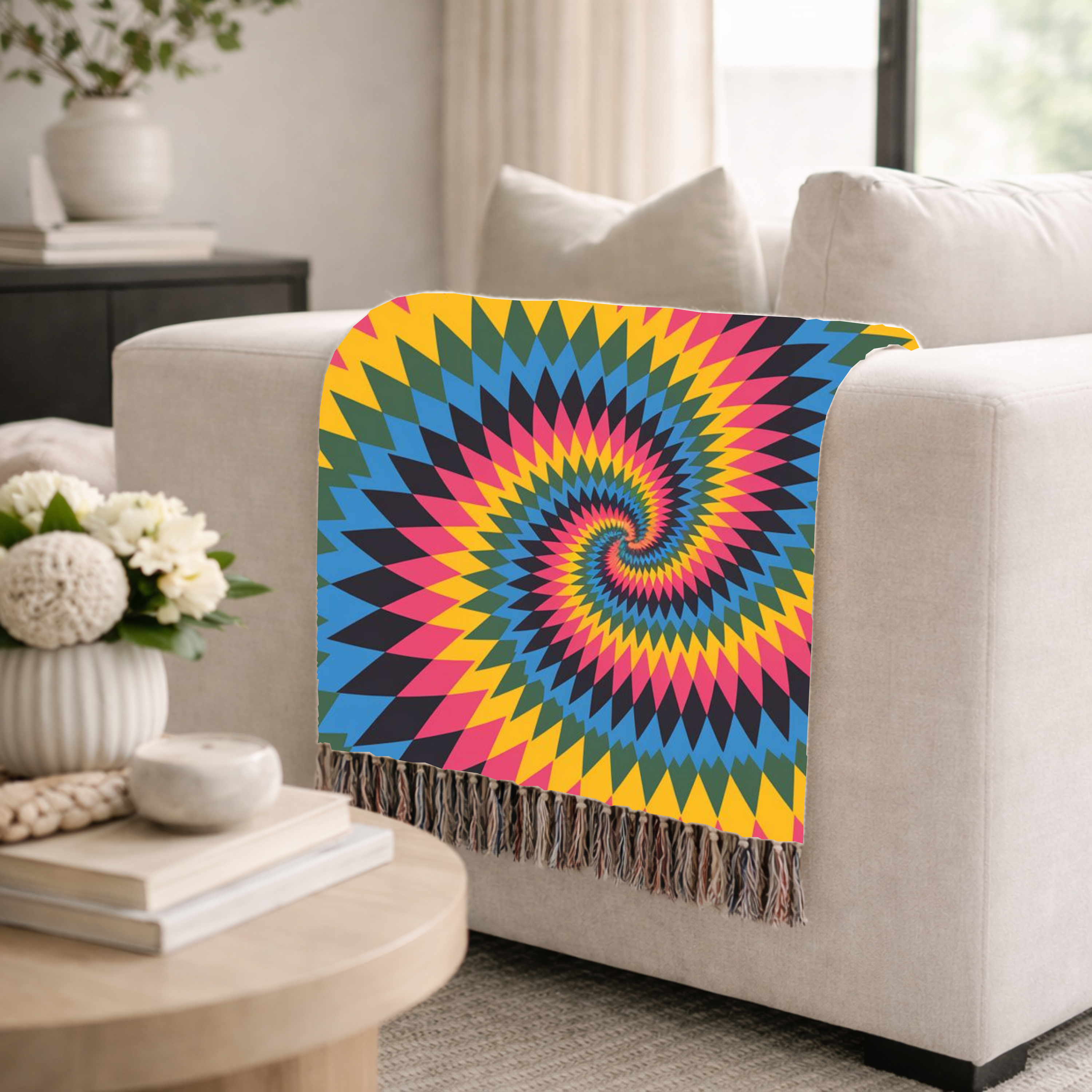 Spectrum Throw — 1990s Rainbow Spiral Woven Blanket