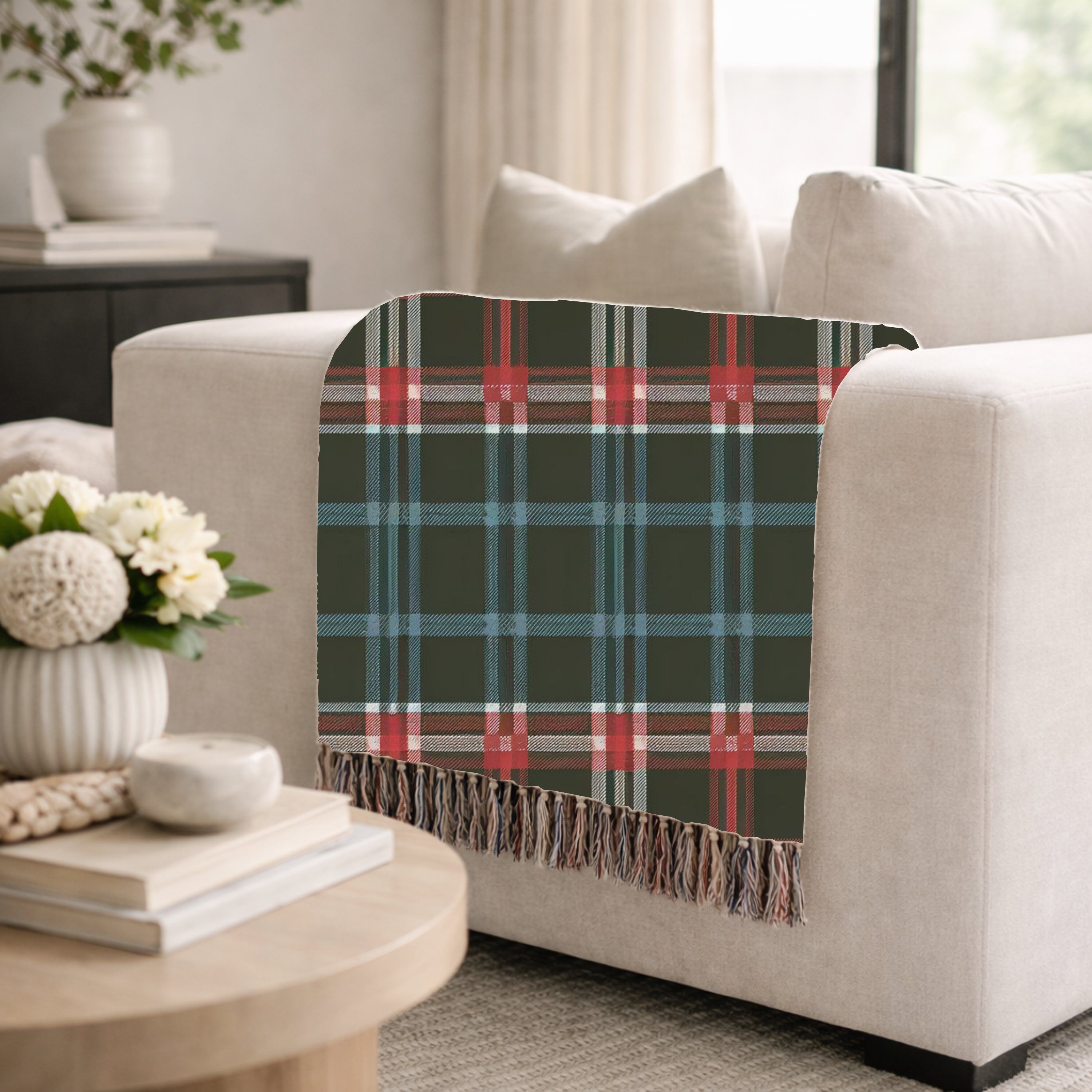 Electric Tartan Throw — 1990s Teal & Red Plaid Woven Blanket