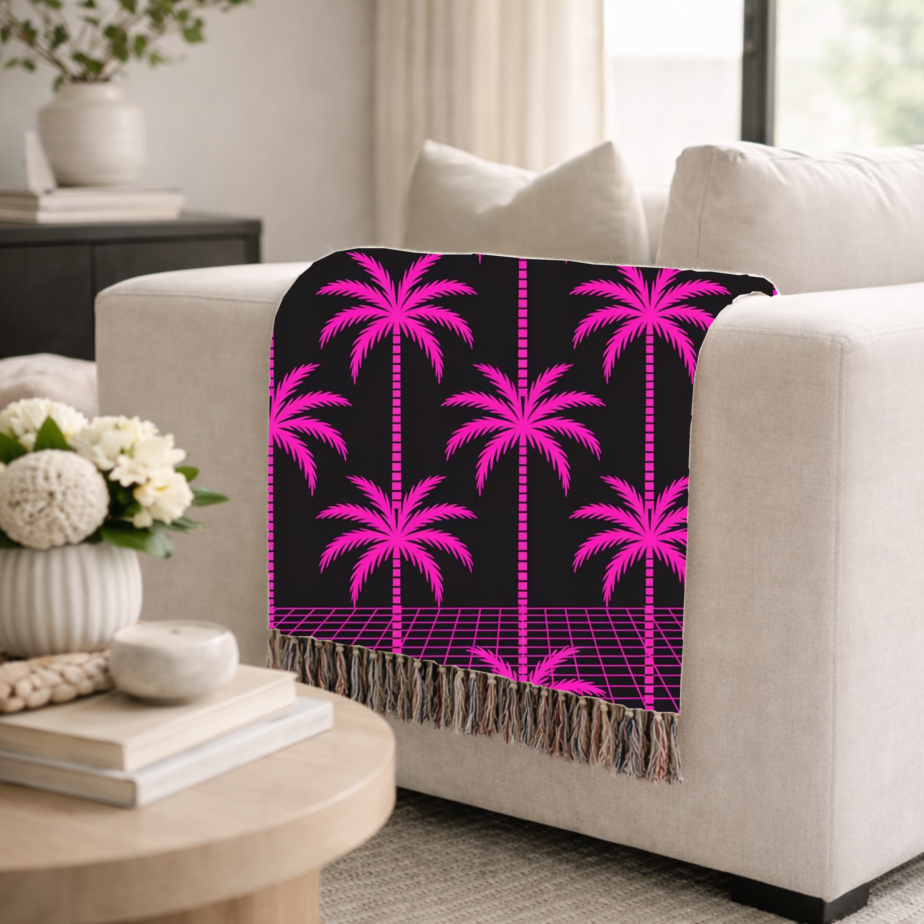 Neon Palm Throw — 1980s Tropical Night Woven Blanket