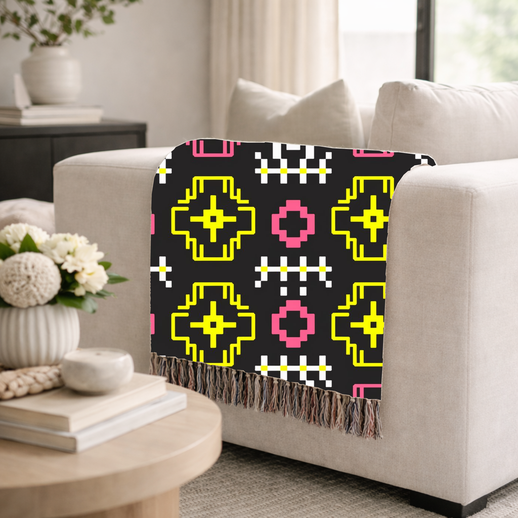 Pixel Bloom Throw — 1980s Arcade Neon Woven Blanket