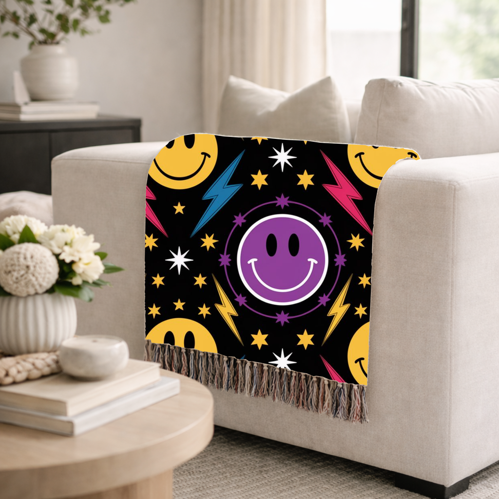 Bolts & Smiles Throw — 1990s Smiley & Lightning Woven Blanket