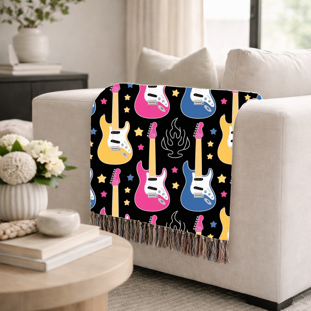 Rock Flame Throw — 1980s Guitar Fire Woven Blanket