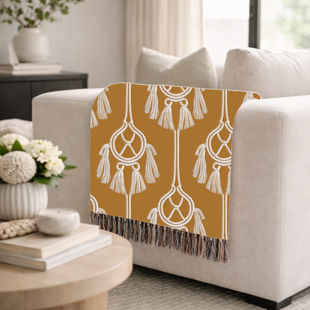 Macramé Tassel Throw — 1970s Bohemian Circle Woven Blanket