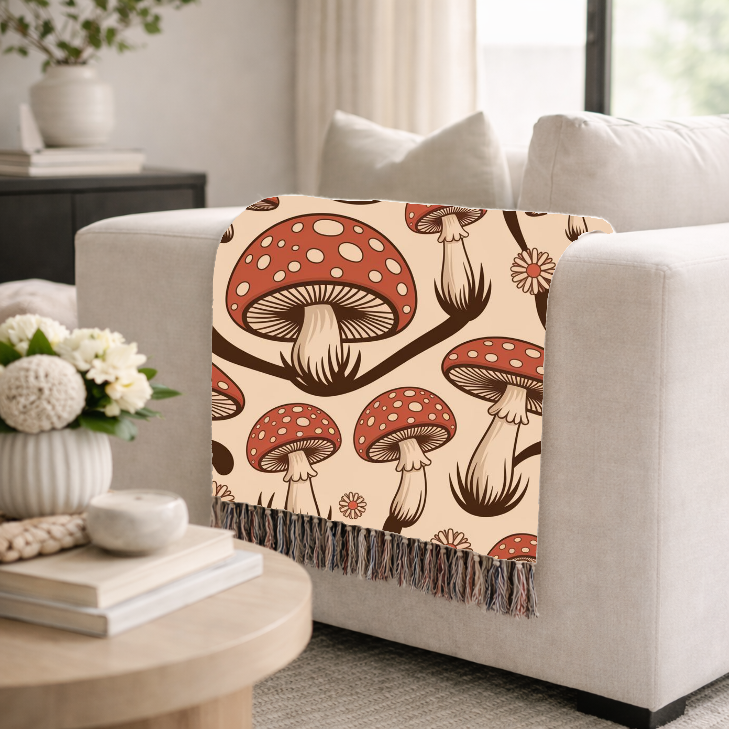 Forest Floor Throw — 1970s Woodland Mushroom Woven Blanket
