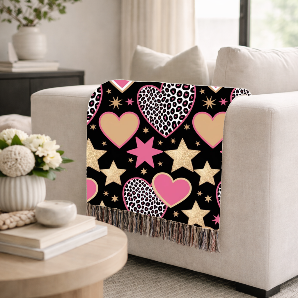 Girl Power Throw — 1990s Leopard Heart & Star Woven Blanket