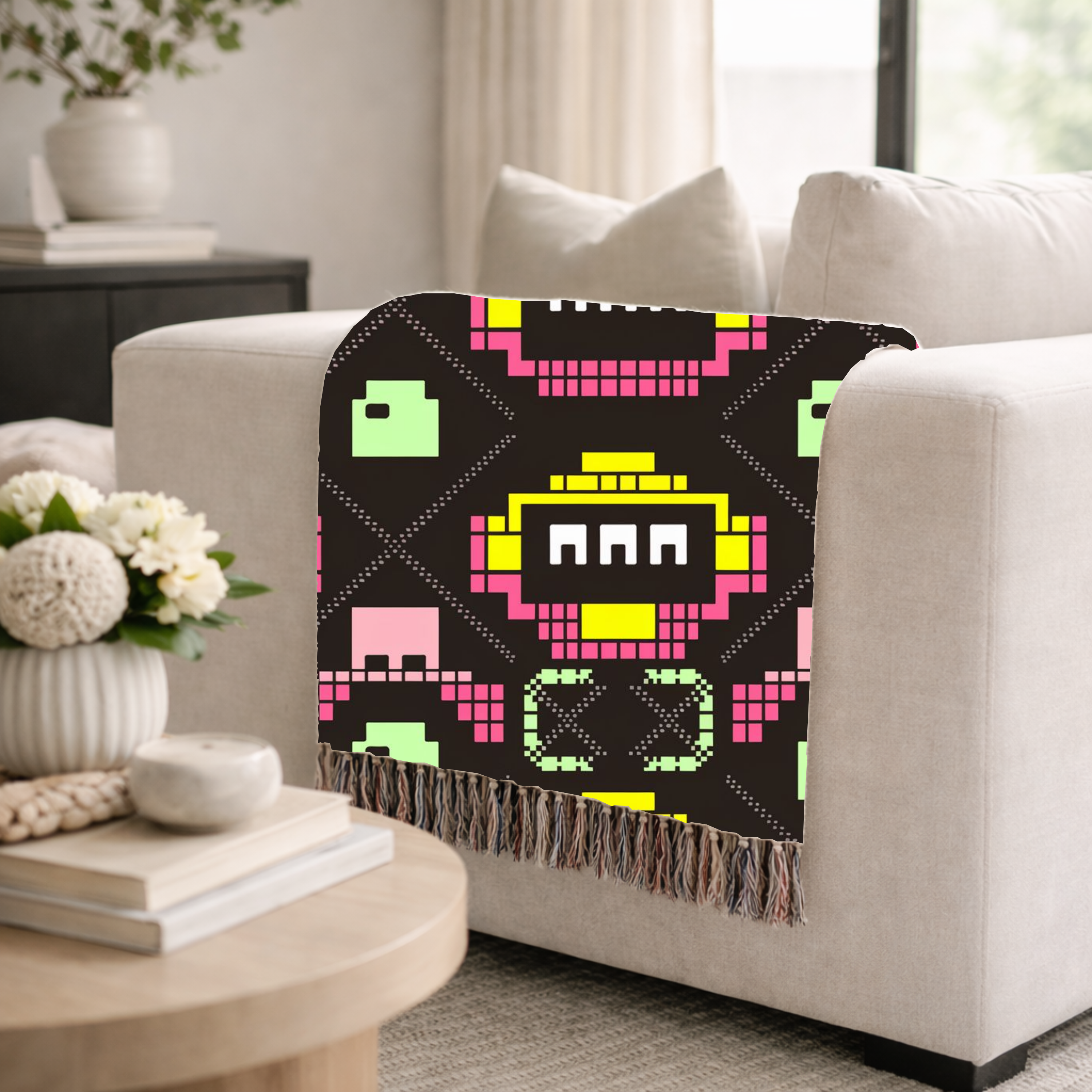 Pixel Robot Throw — 1980s Arcade Game Woven Blanket