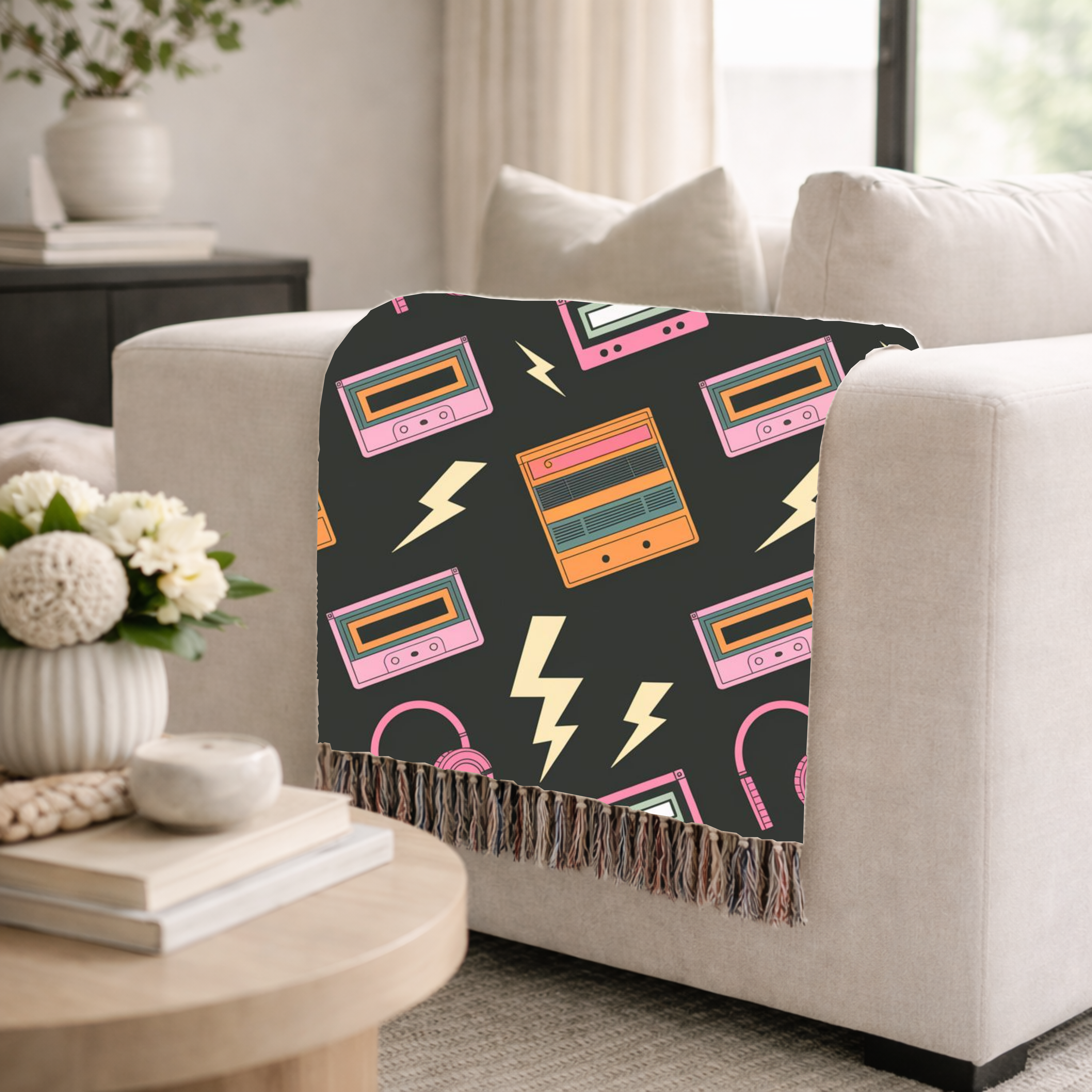 Walkman Throw — 1980s Headphones & Cassette Woven Blanket