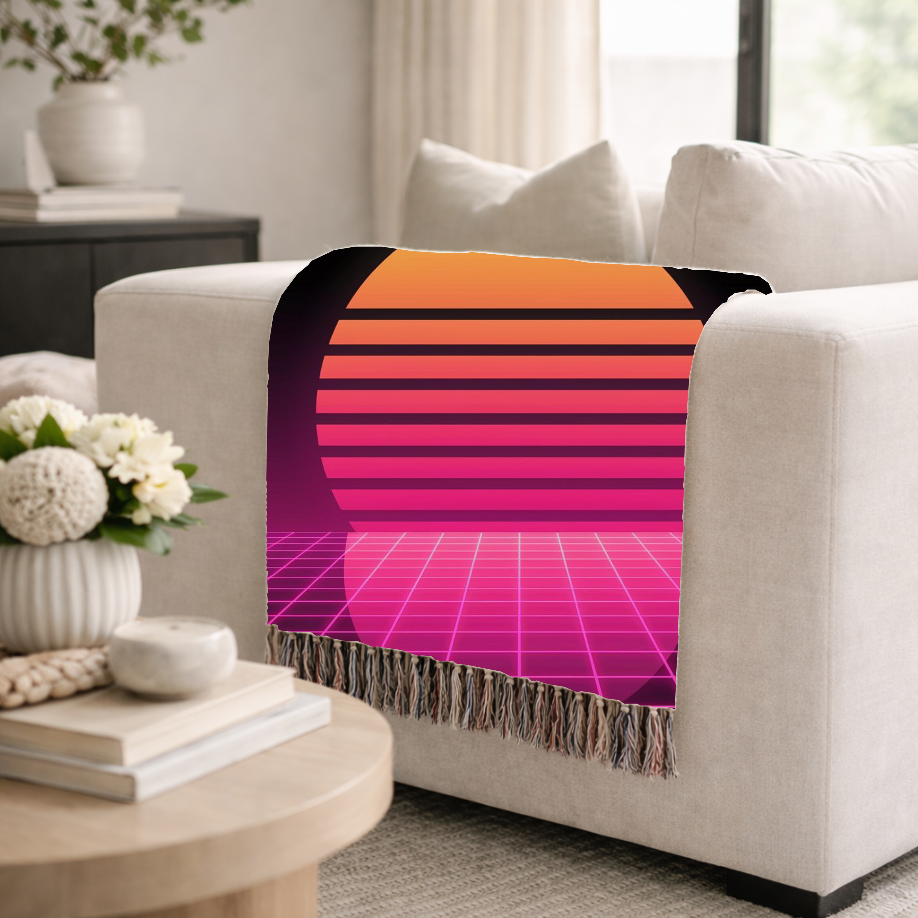 Retrowave Throw — 1980s Synthwave Sunset Woven Blanket