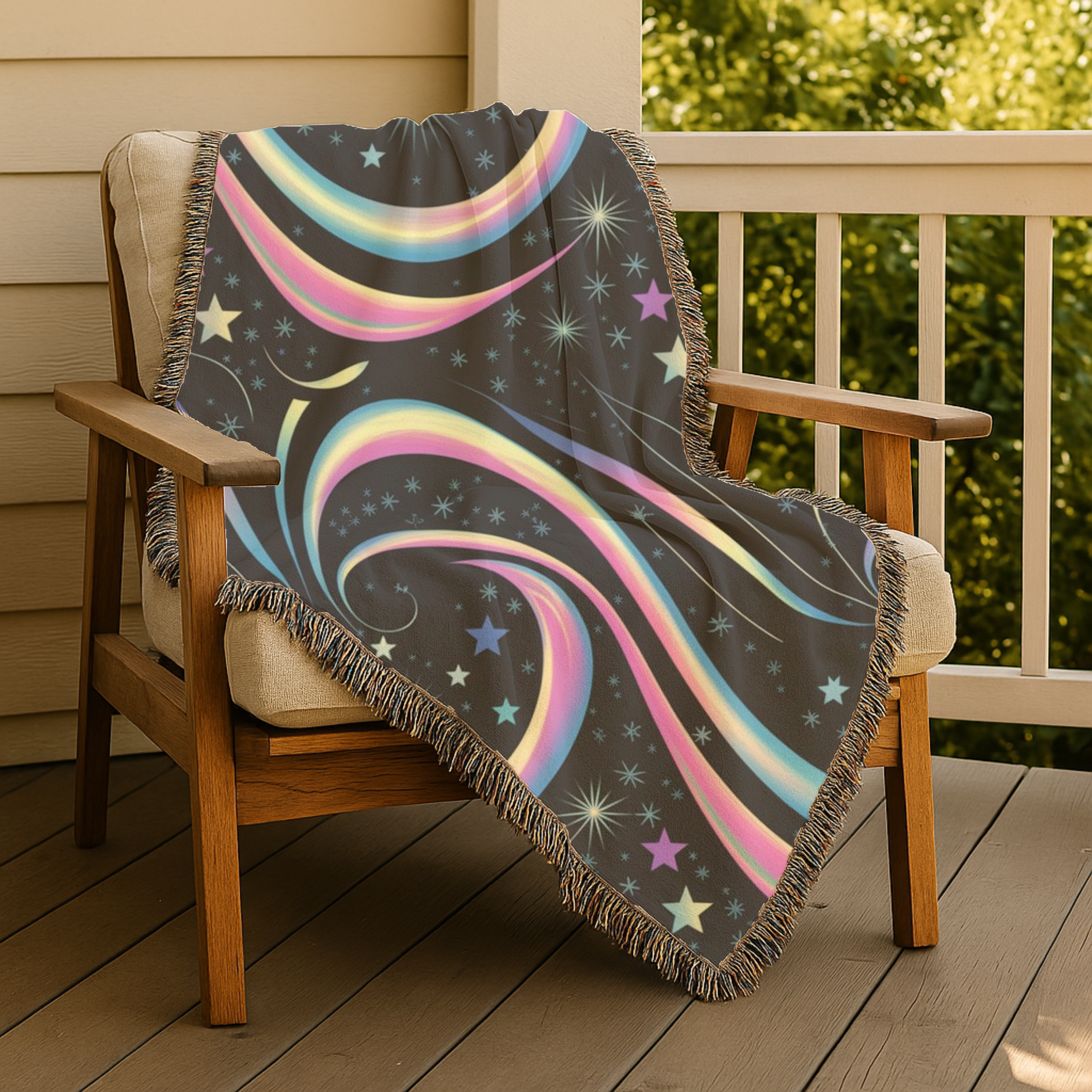 Stardust Throw — 2000s Y2K Rainbow Star Swirl Woven Blanket