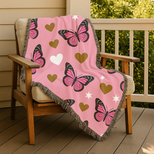 Butterfly Kiss Throw — 2000s Pink Butterfly & Heart Woven Blanket