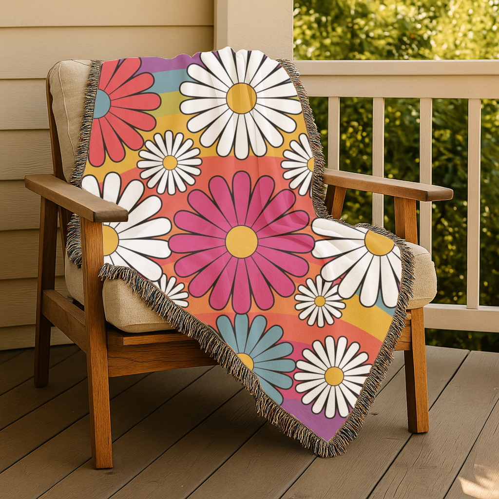 🌈  Over The Rainbow Throw — 1960s Flower Power Woven Blanket