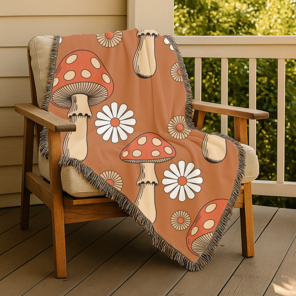 Groovy Mushroom Throw — 1970s Toadstool Daisy Woven Blanket
