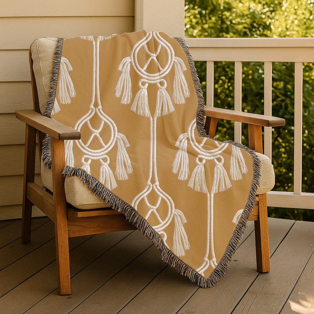 Macramé Tassel Throw — 1970s Bohemian Circle Woven Blanket