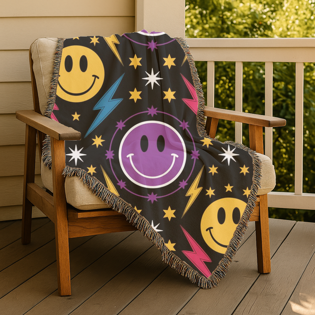 Bolts & Smiles Throw — 1990s Smiley & Lightning Woven Blanket