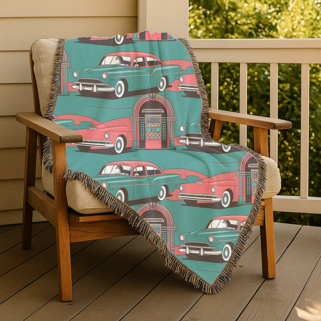 🎵 Rock Around Throw — 1950s Diner Jukebox Woven Blanket