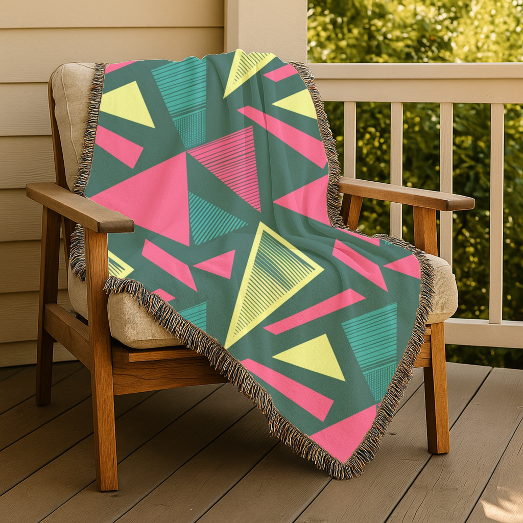 Neon Triangle Throw — 1980s Memphis Geometric Woven Blanket
