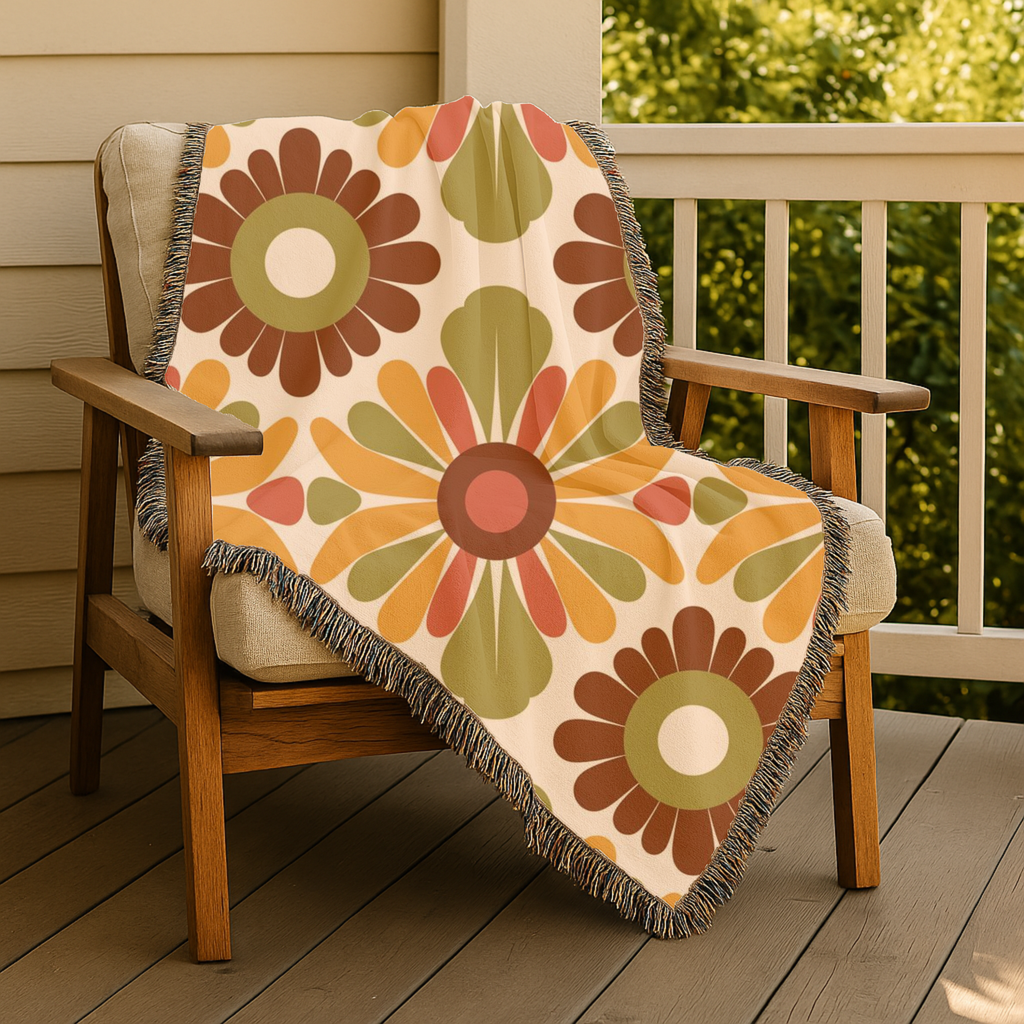 🌼 🌻  Harvest Medallion Throw — 1970s Folk Floral Woven Blanket