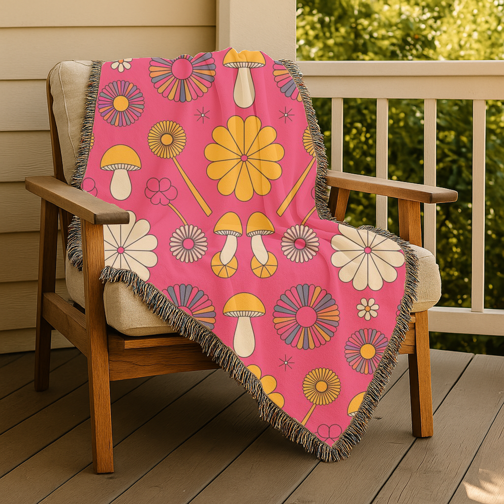🌸 Groovy Garden Throw — 1960s Rainbow Flower Woven Blanket