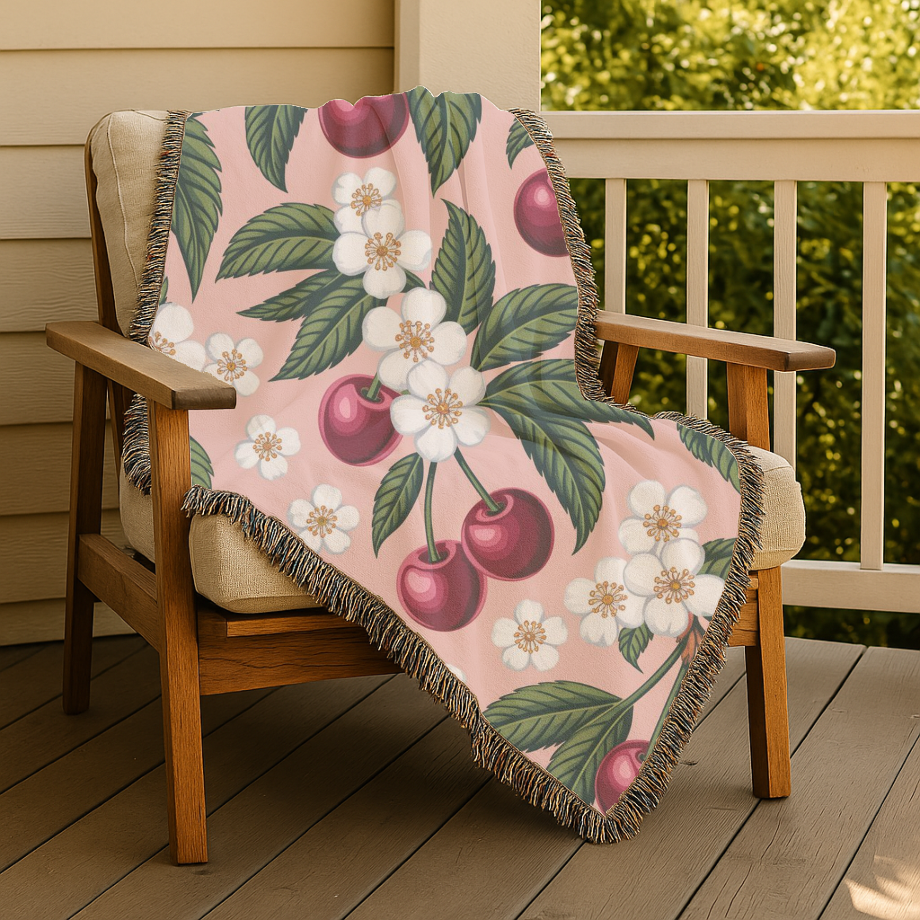 🍒 Orchard Blossom Throw — 1950s Cherry Garden Woven Blanket