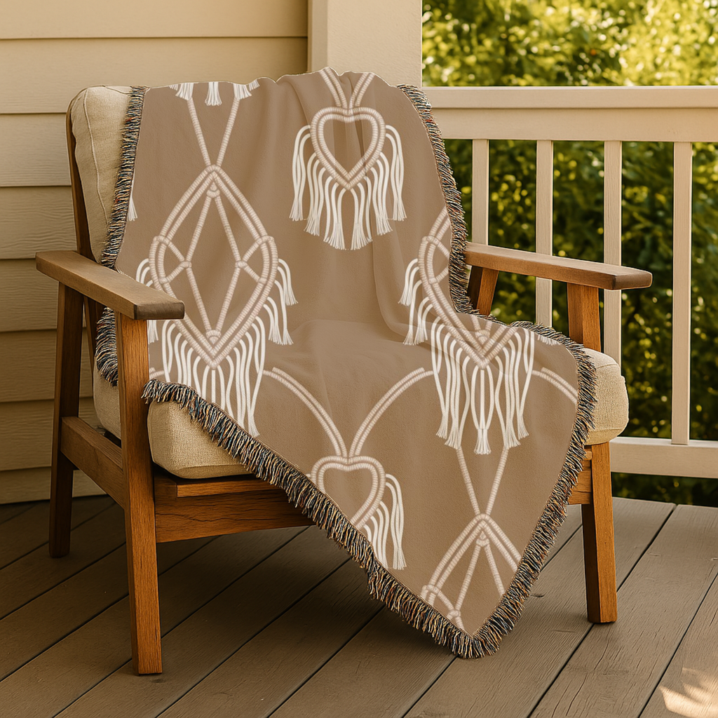 Macramé Heart Throw — 1970s Bohemian Love Woven Blanket