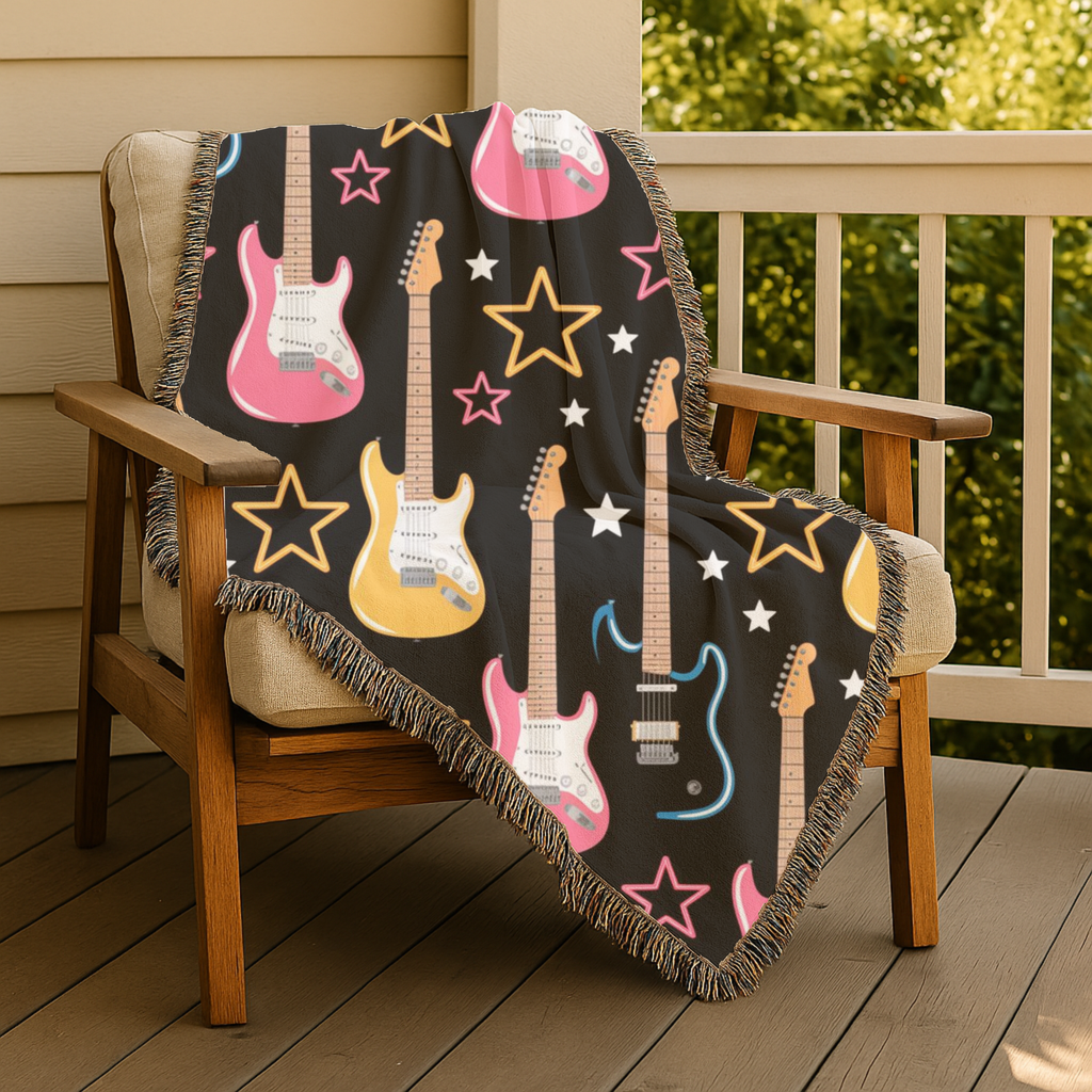Woven Electric Guitar Throw Blanket | Pink Yellow Blue Black Stars, 1980s Rock Décor