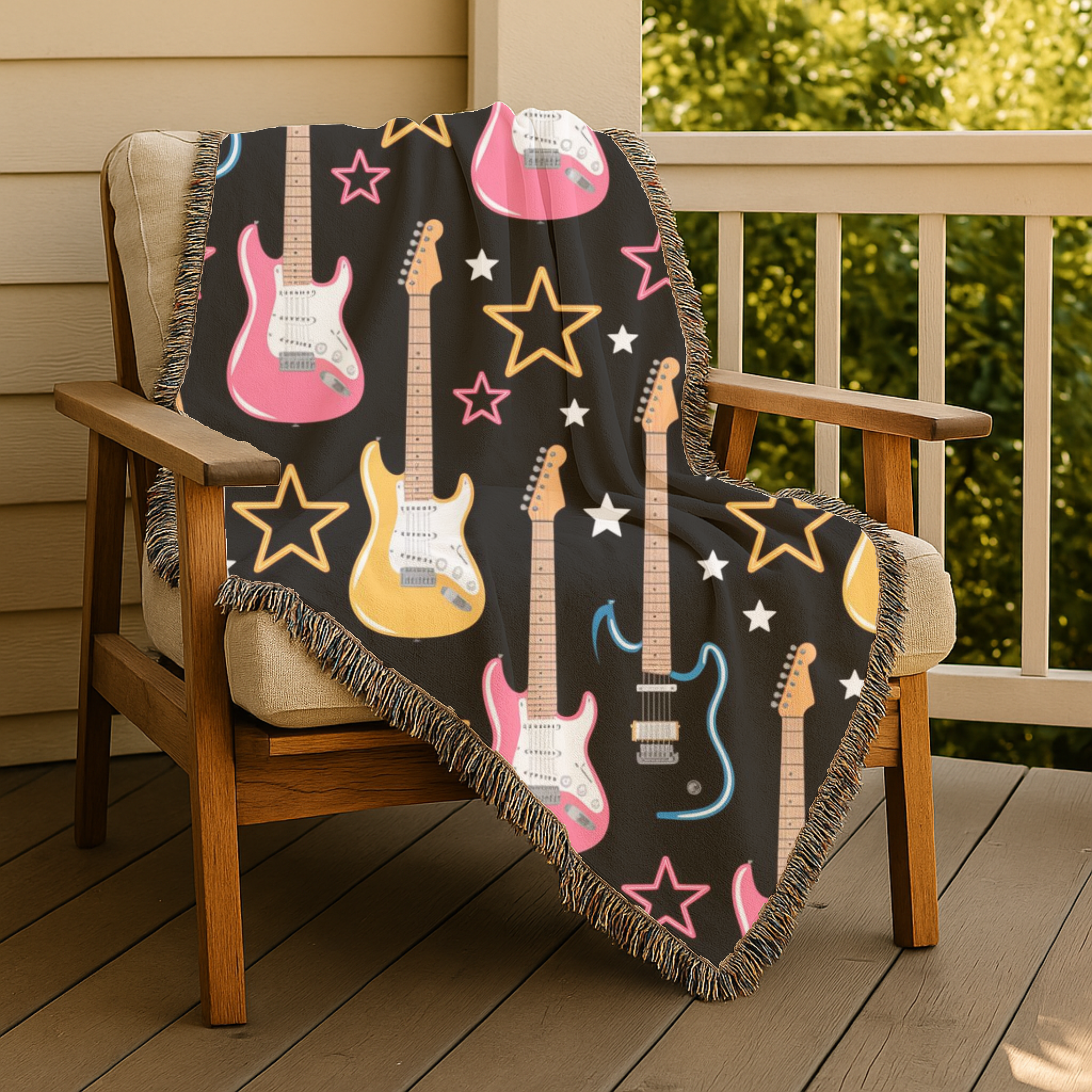 Woven Electric Guitar Throw Blanket | Pink Yellow Blue Black Stars, 1980s Rock Décor