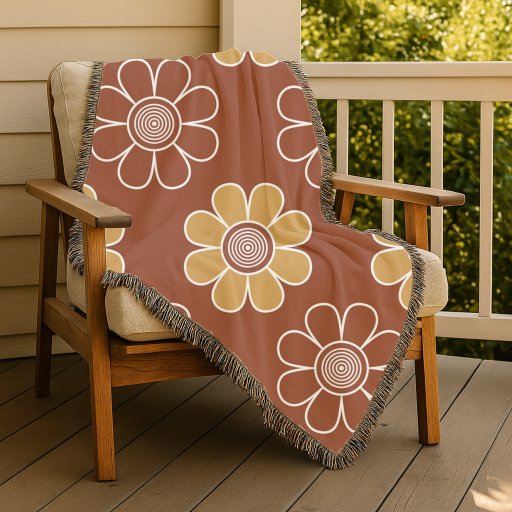 Spiral Daisy Throw — 1970s Retro Outline Woven Blanket