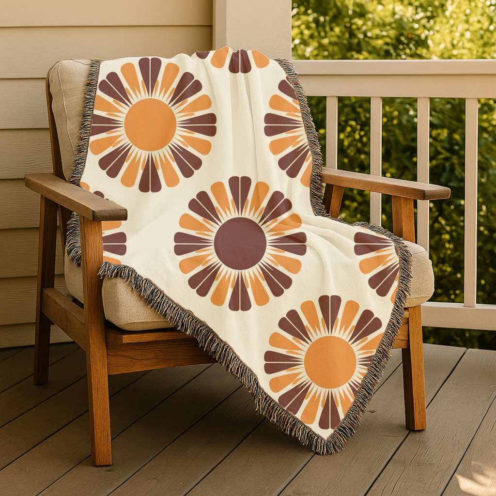 Harvest Sunflower Throw — 1970s Folk Sunflower Woven Blanket