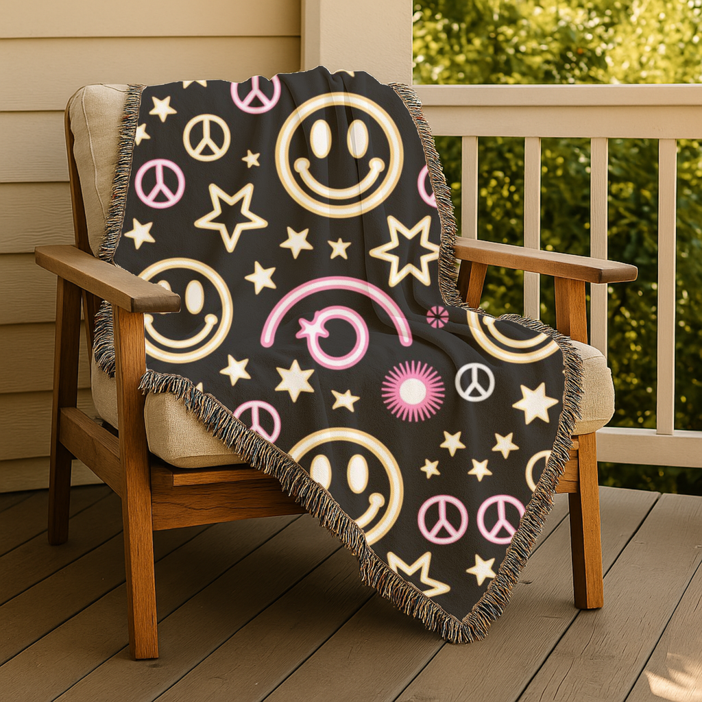 Happy Daze Throw — 1990s Smiley Face & Peace Woven Blanket