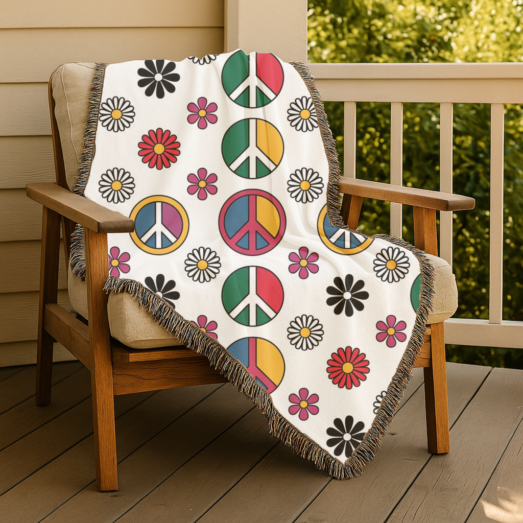 ✌️ Peace & Love Throw — 1960s Flower Power Woven Blanket