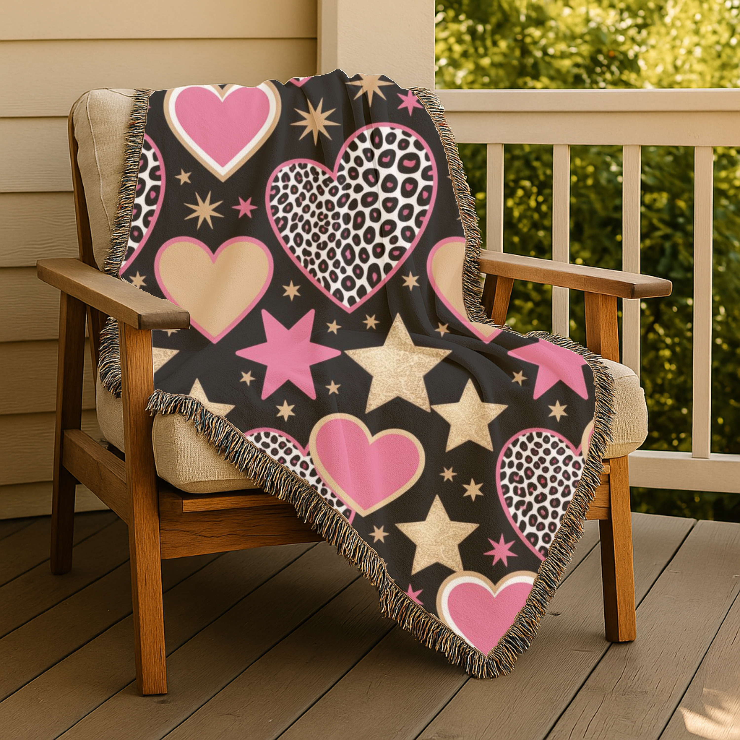 Girl Power Throw — 1990s Leopard Heart & Star Woven Blanket