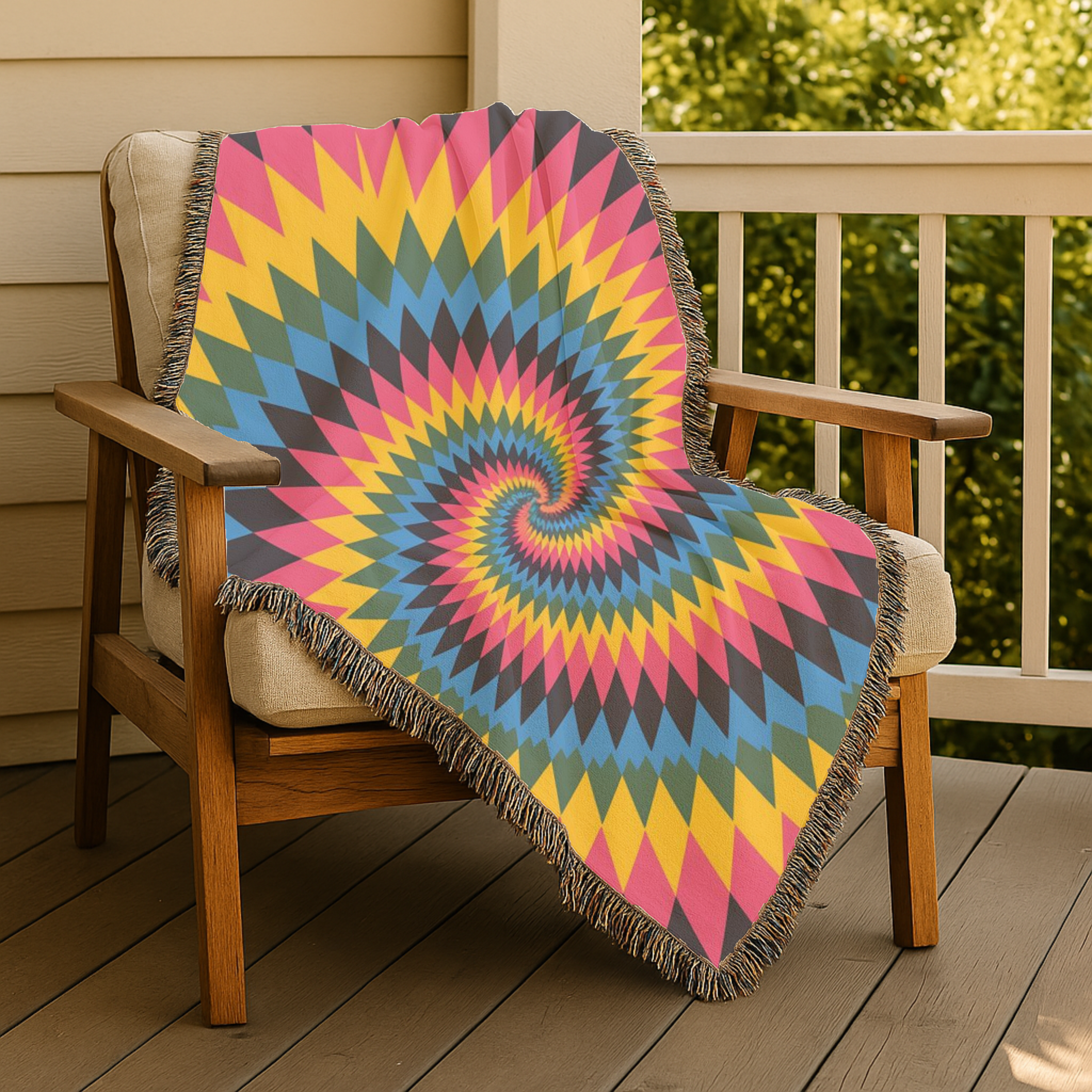 Spectrum Throw — 1990s Rainbow Spiral Woven Blanket