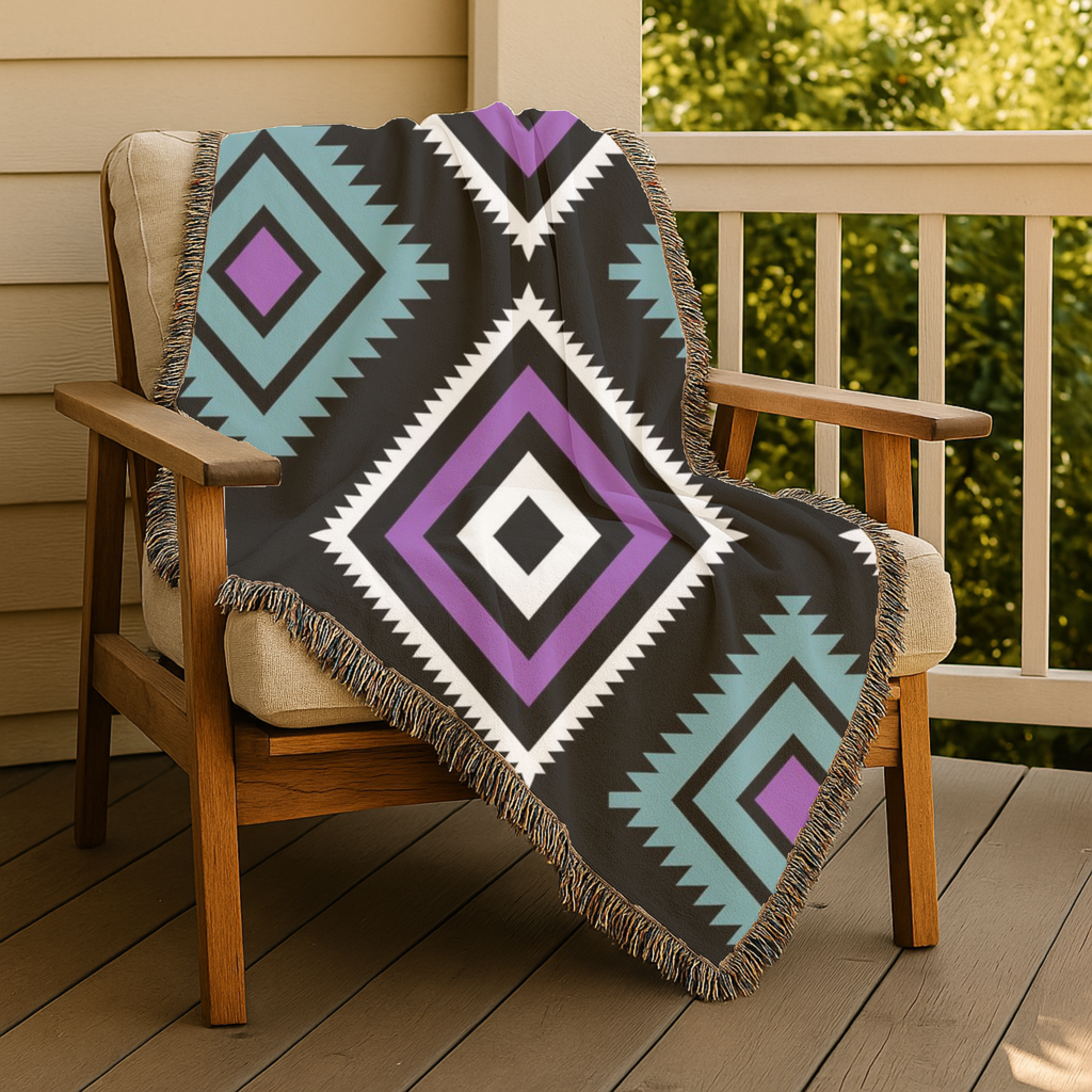 Neon Tribe Throw — 1990s Teal & Purple Geometric Woven Blanket
