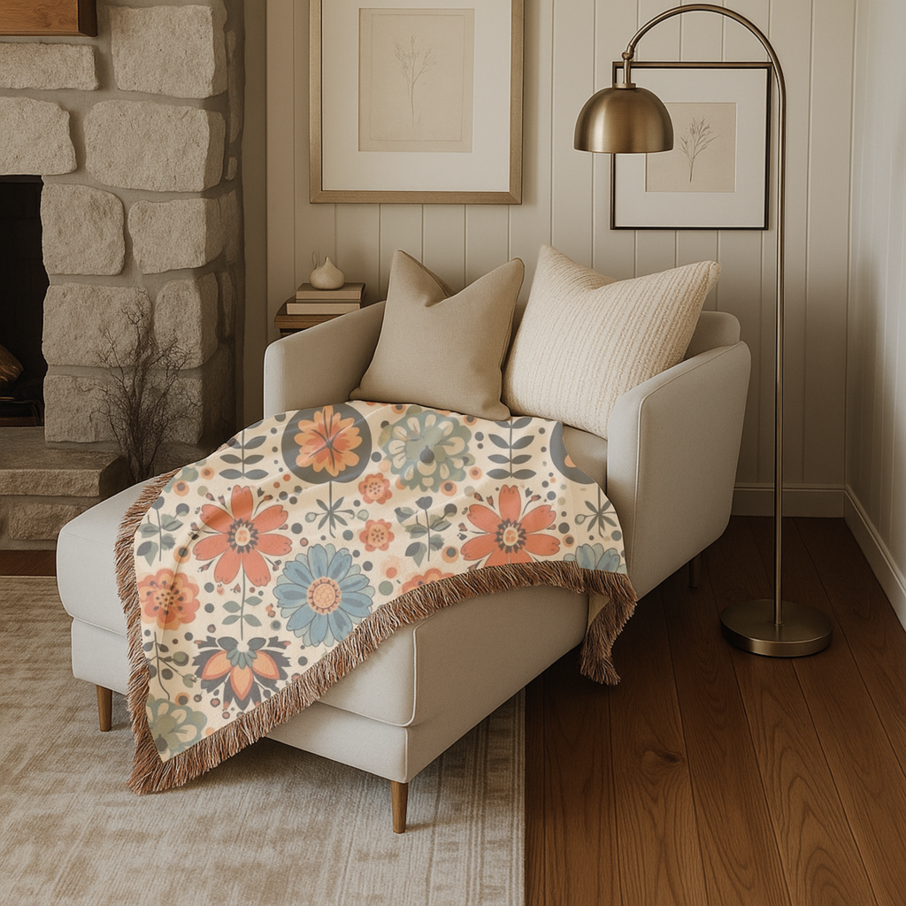Folk Floral Throw — 1940s Botanical Garden Woven Blanket