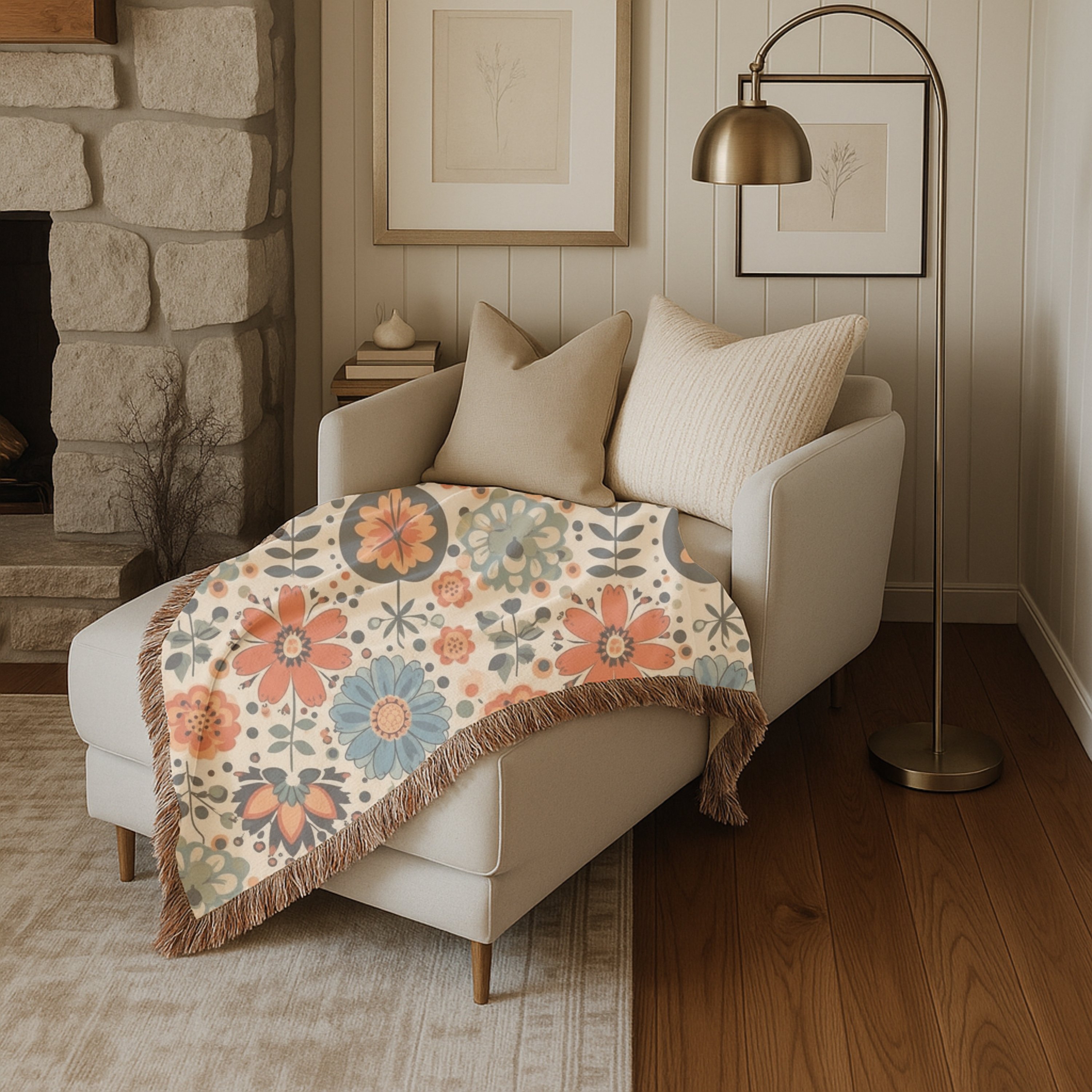 Folk Floral Throw — 1940s Botanical Garden Woven Blanket